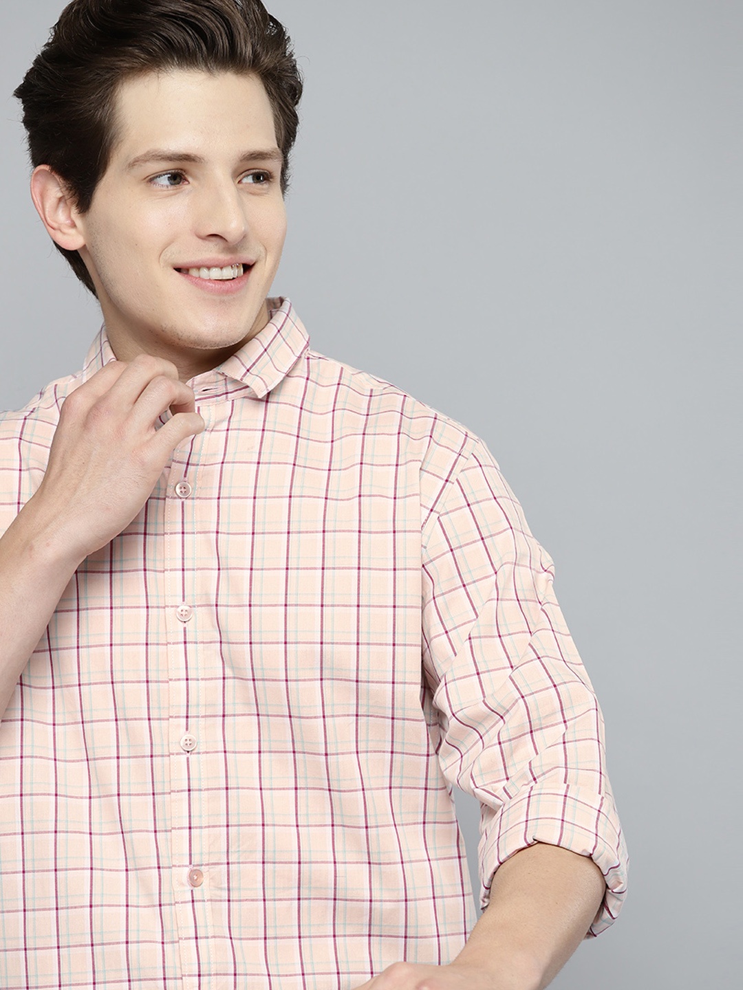 

Mast & Harbour Men Peach Coloured Pure Cotton Tartan Checks Formal Shirt