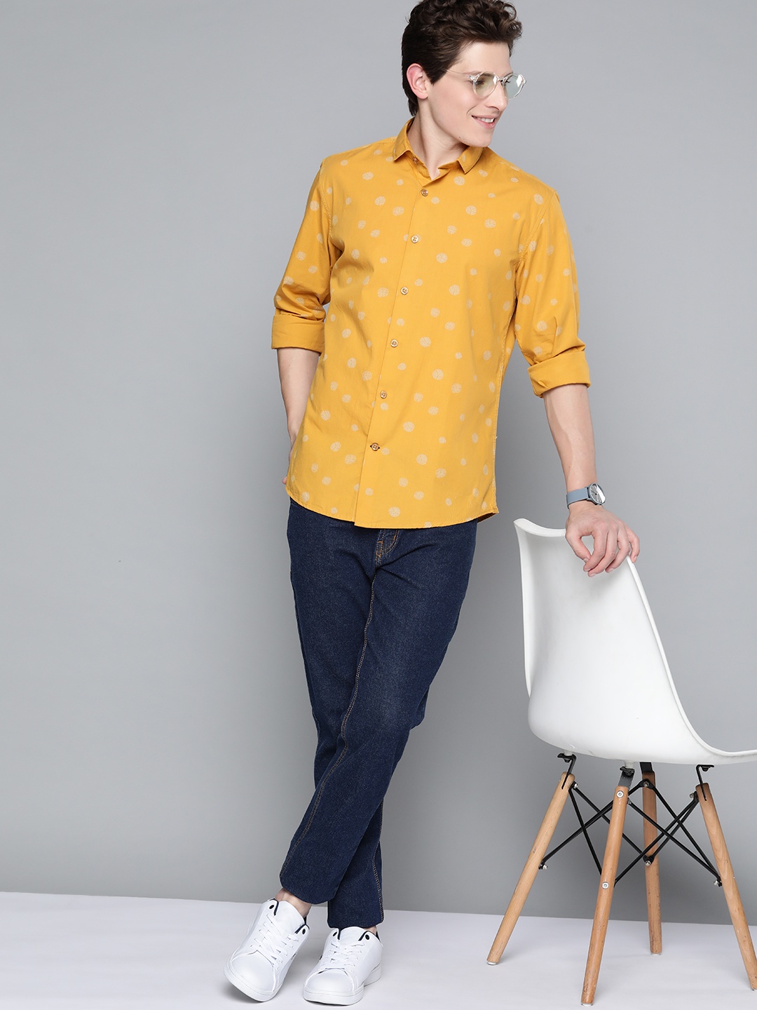 

Mast & Harbour Men Mustard Yellow Printed Pure Cotton Casual Shirt