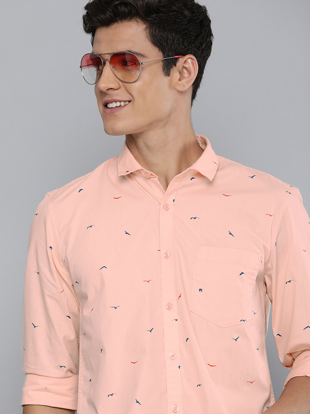 

Mast & Harbour Men Peach-Coloured & Blue Printed Casual Shirt