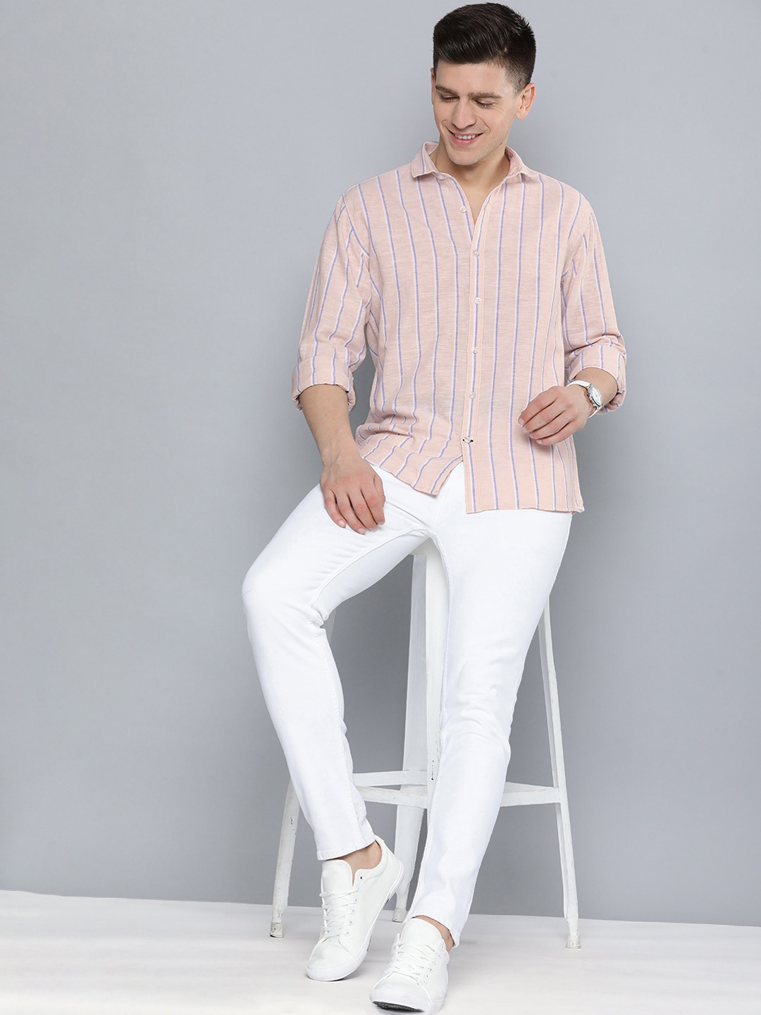 

Mast & Harbour Men Peach-Coloured &Blue Slim Fit Striped Casual Cotton Linen Shirt