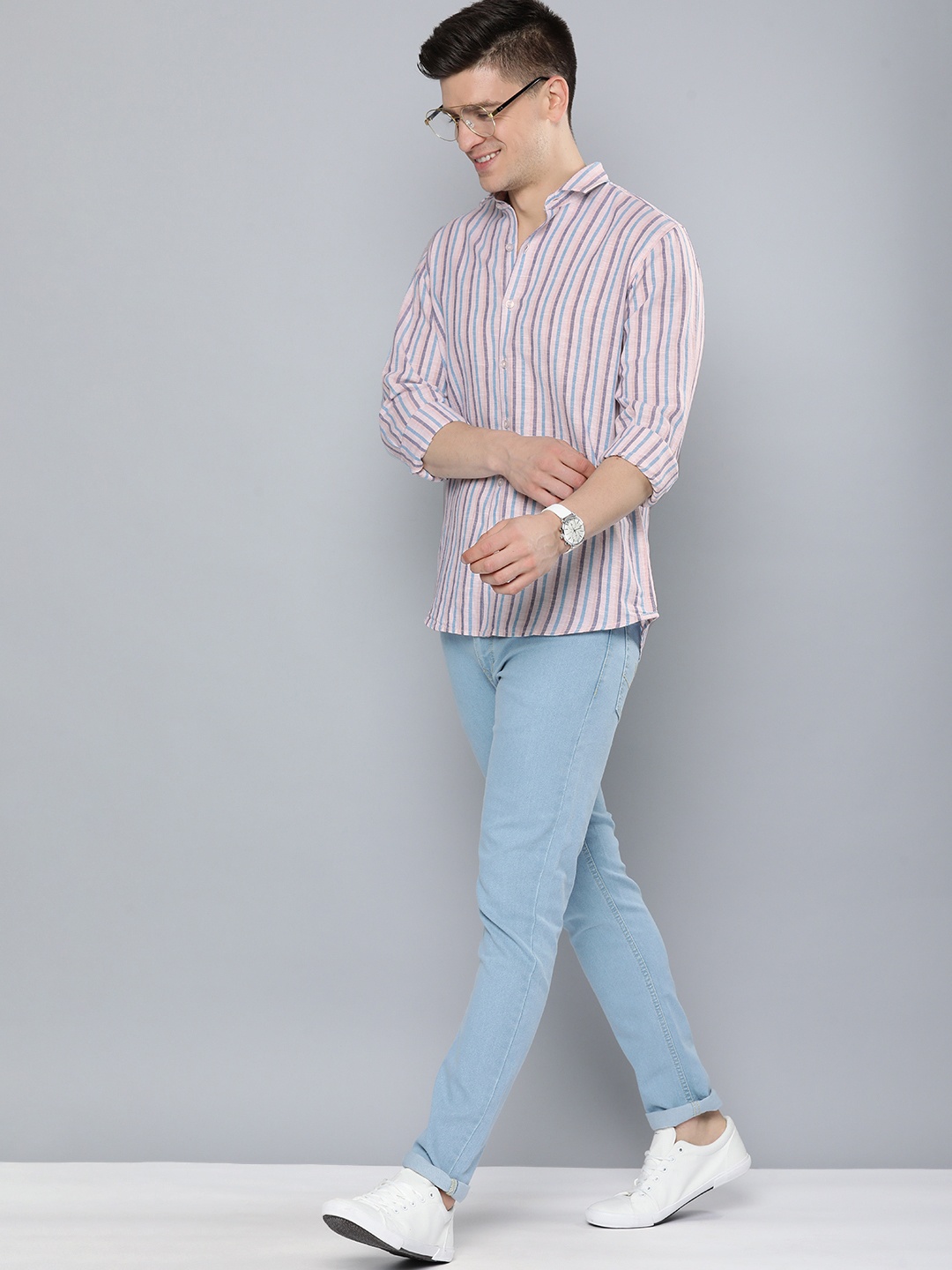 

Mast & Harbour Men Pink & Blue Striped Casual Cotton Linen Shirt
