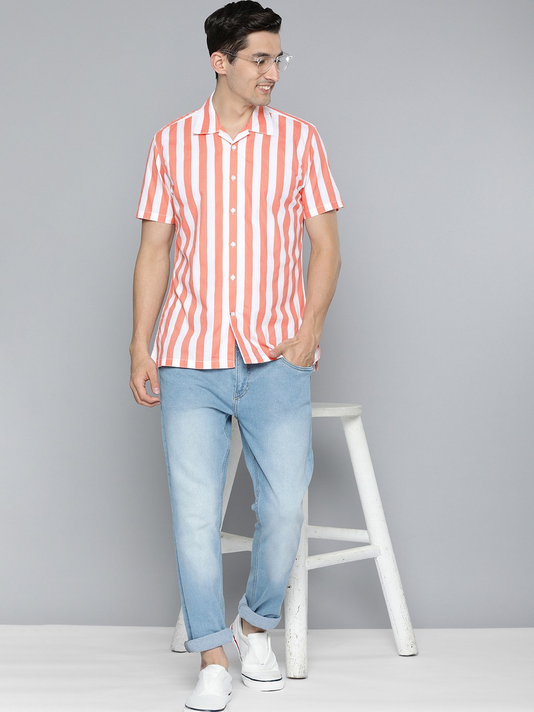 

Mast & Harbour Men White & Coral Red Striped Pure Cotton Casual Shirt