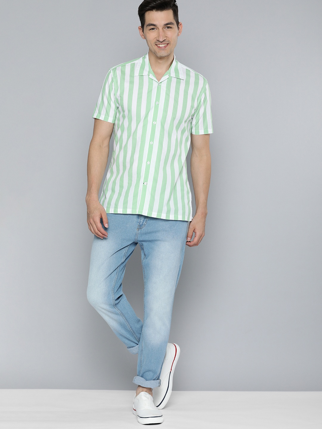 

Mast & Harbour Men Green & White Striped Pure Cotton Casual Shirt