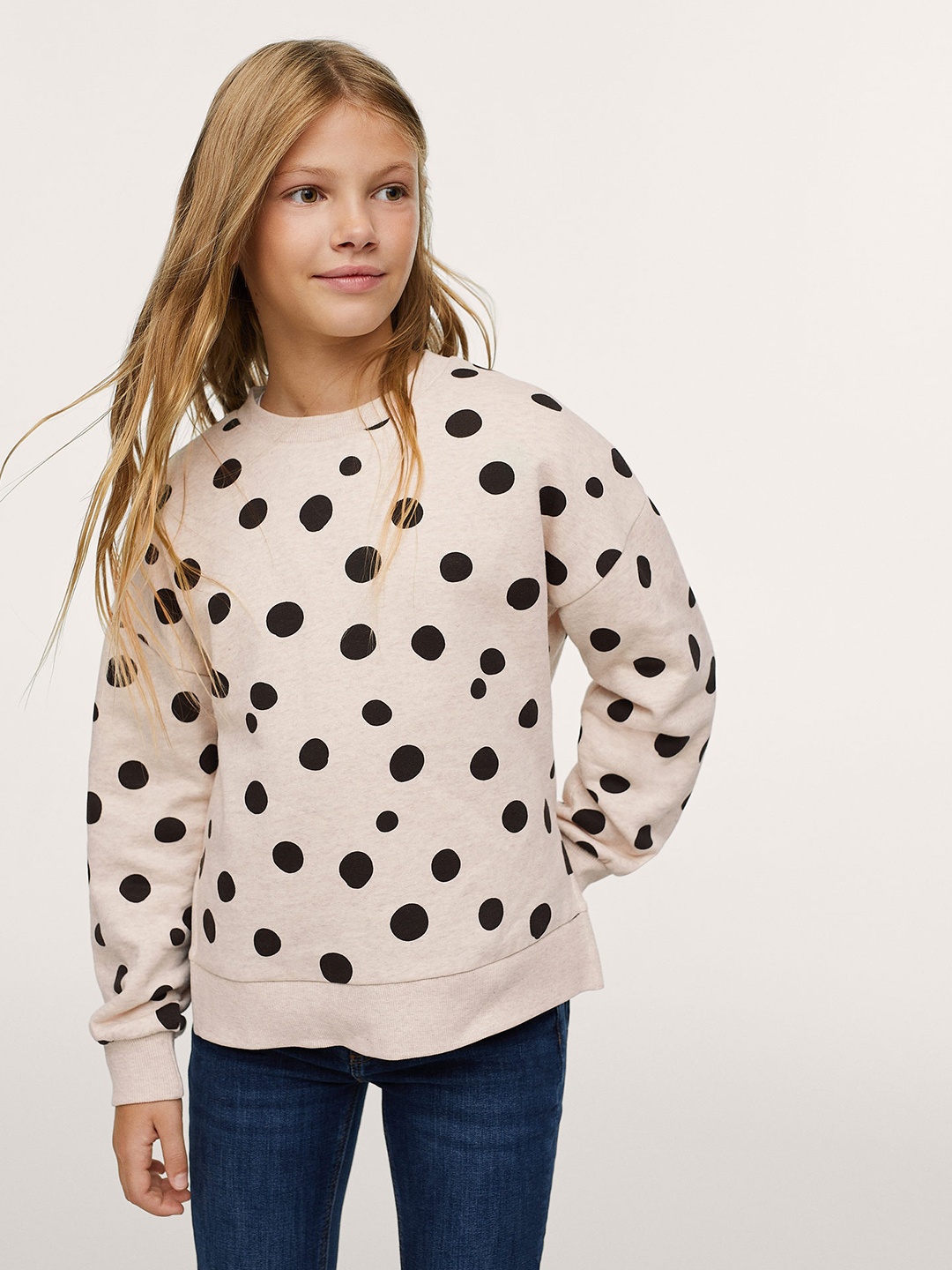

Mango Kids Girls Beige & Black Polka Dot Printed Cotton Sweatshirt with Side Slits