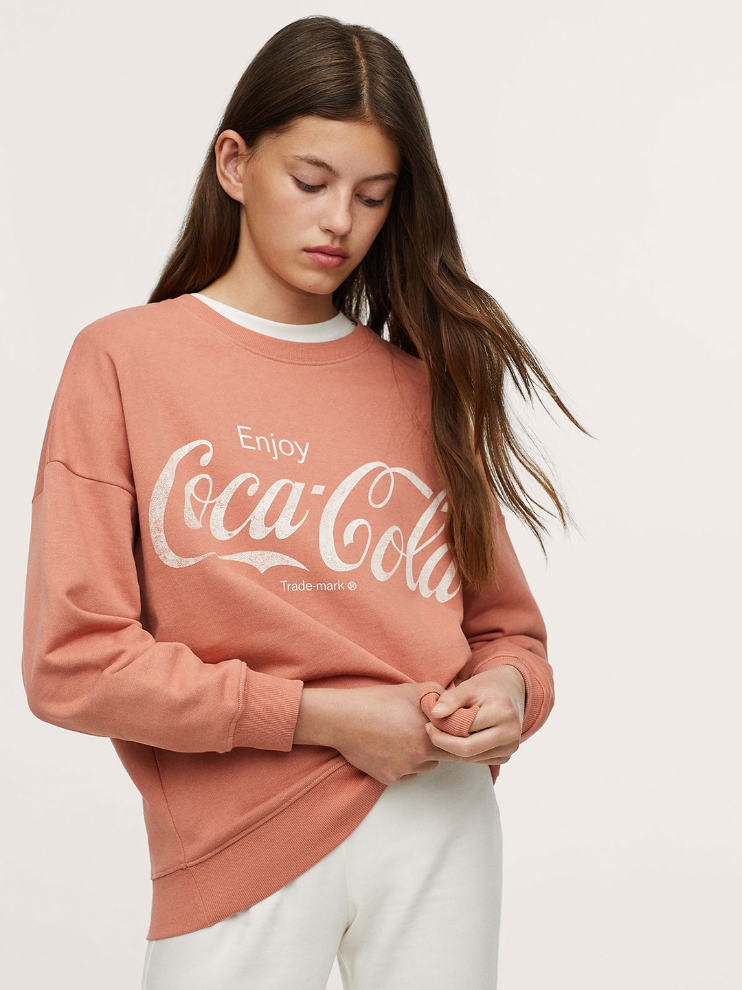 

Mango Kids Girls Peach-Coloured & White Typography Print Cotton Longline Sweatshirt