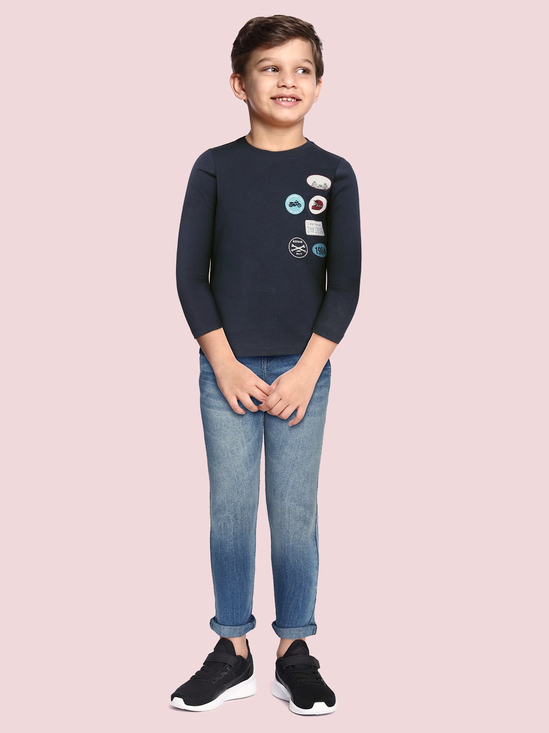

Mango Kids Boys Navy Blue & White Printed Pure Cotton T-shirt