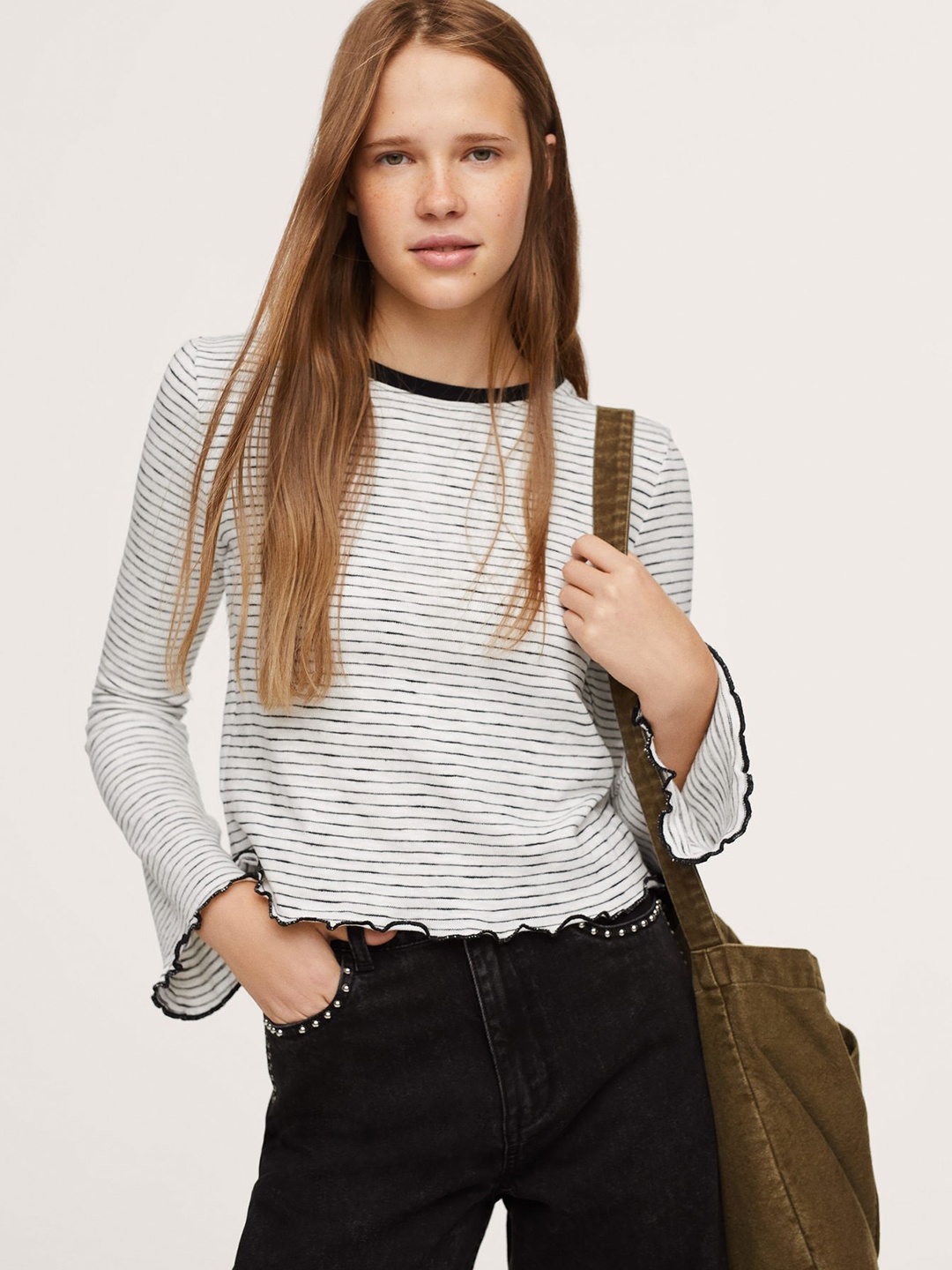 

Mango Kids Girls White & Black Striped T-shirt