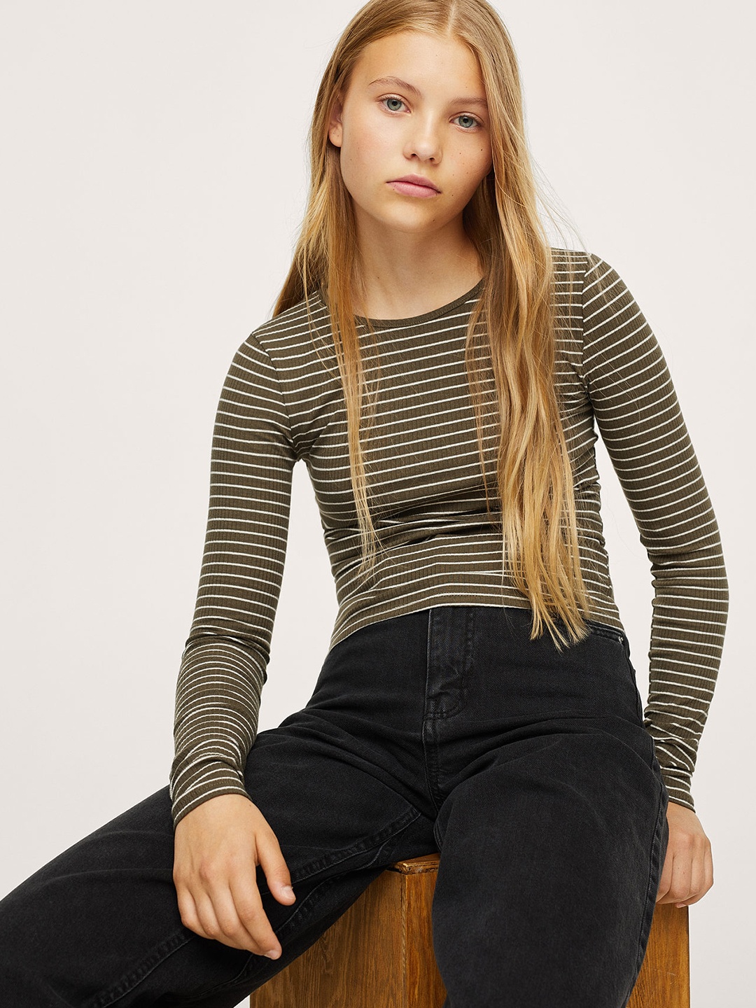 

Mango Kids Girls Olive Green & White Striped T-shirt