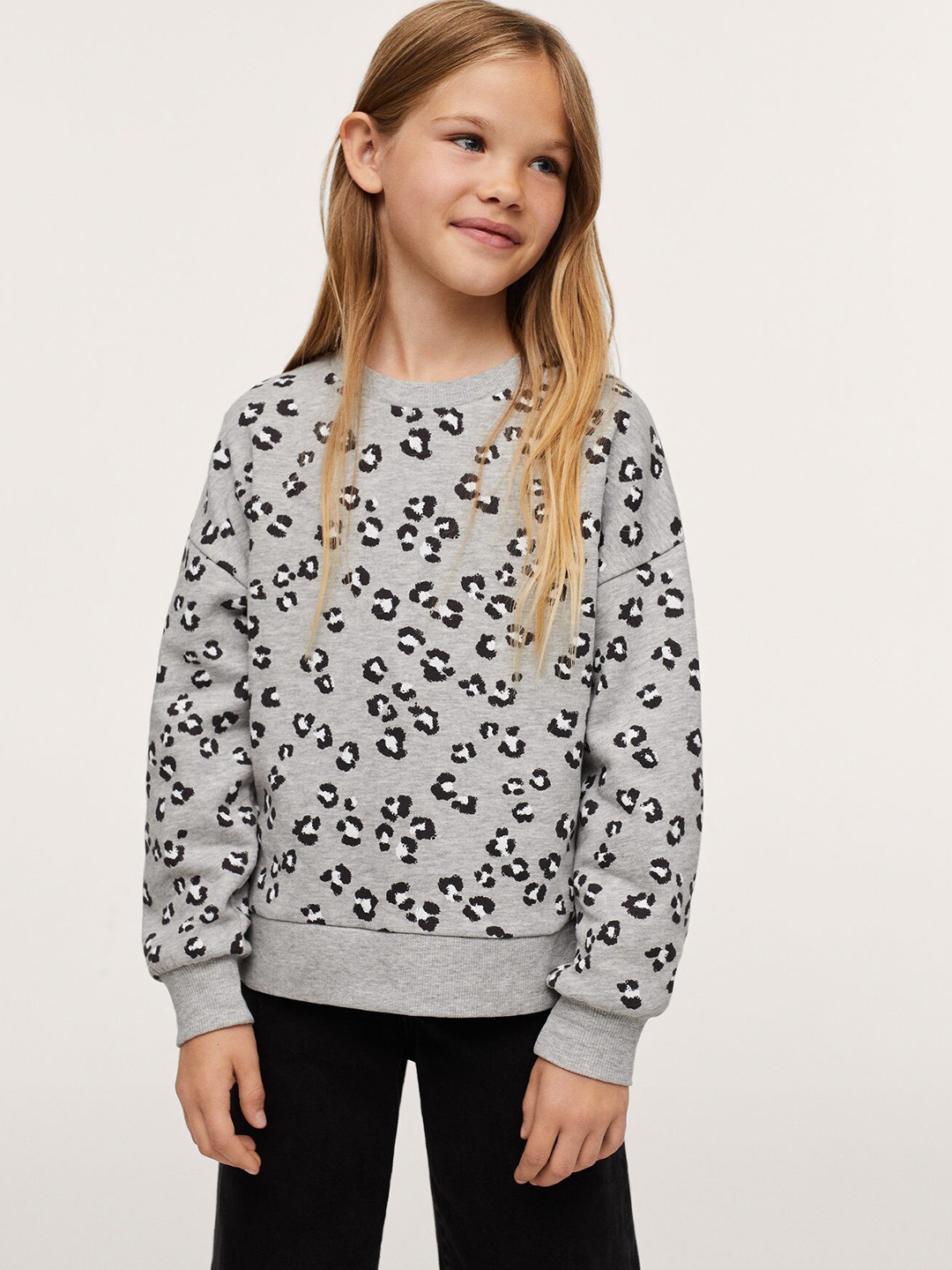

Mango Kids Girls Grey Melange & Black Leopard Print Sweatshirt