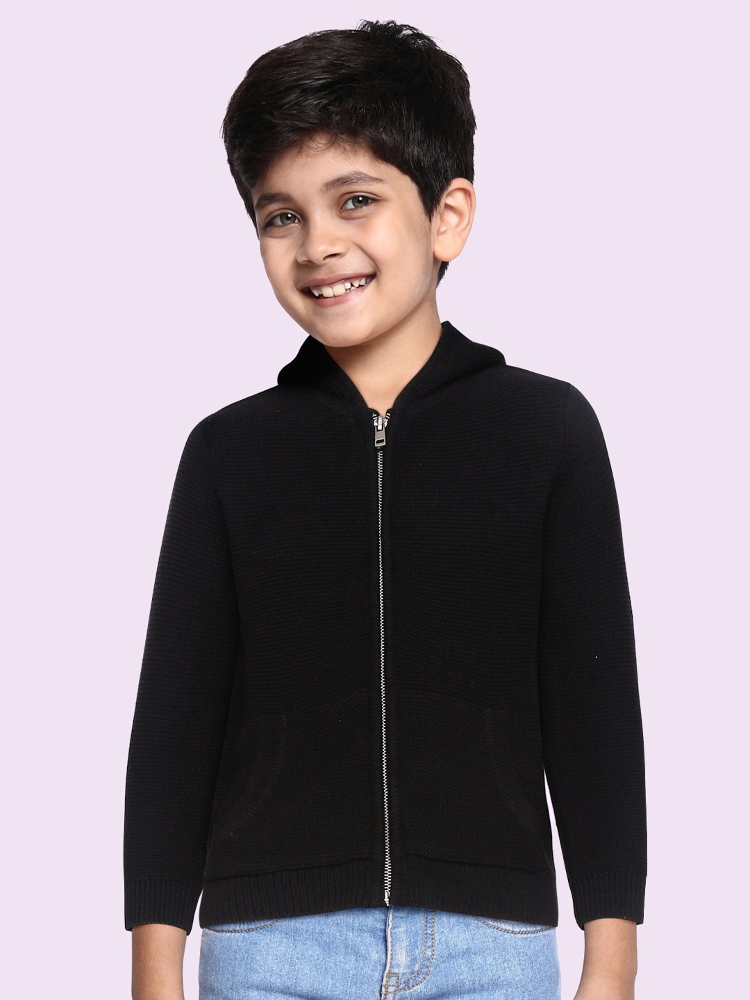 

Mango Kids Boys Black Solid Cotton Hooded Cardigan