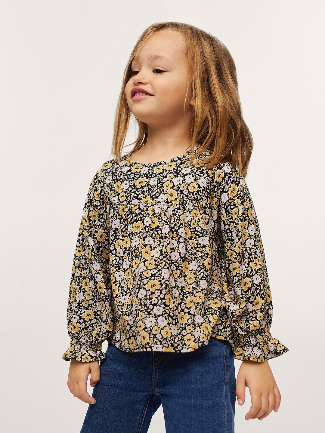 

Mango Kids Black & Mustard Yellow Floral Print Top