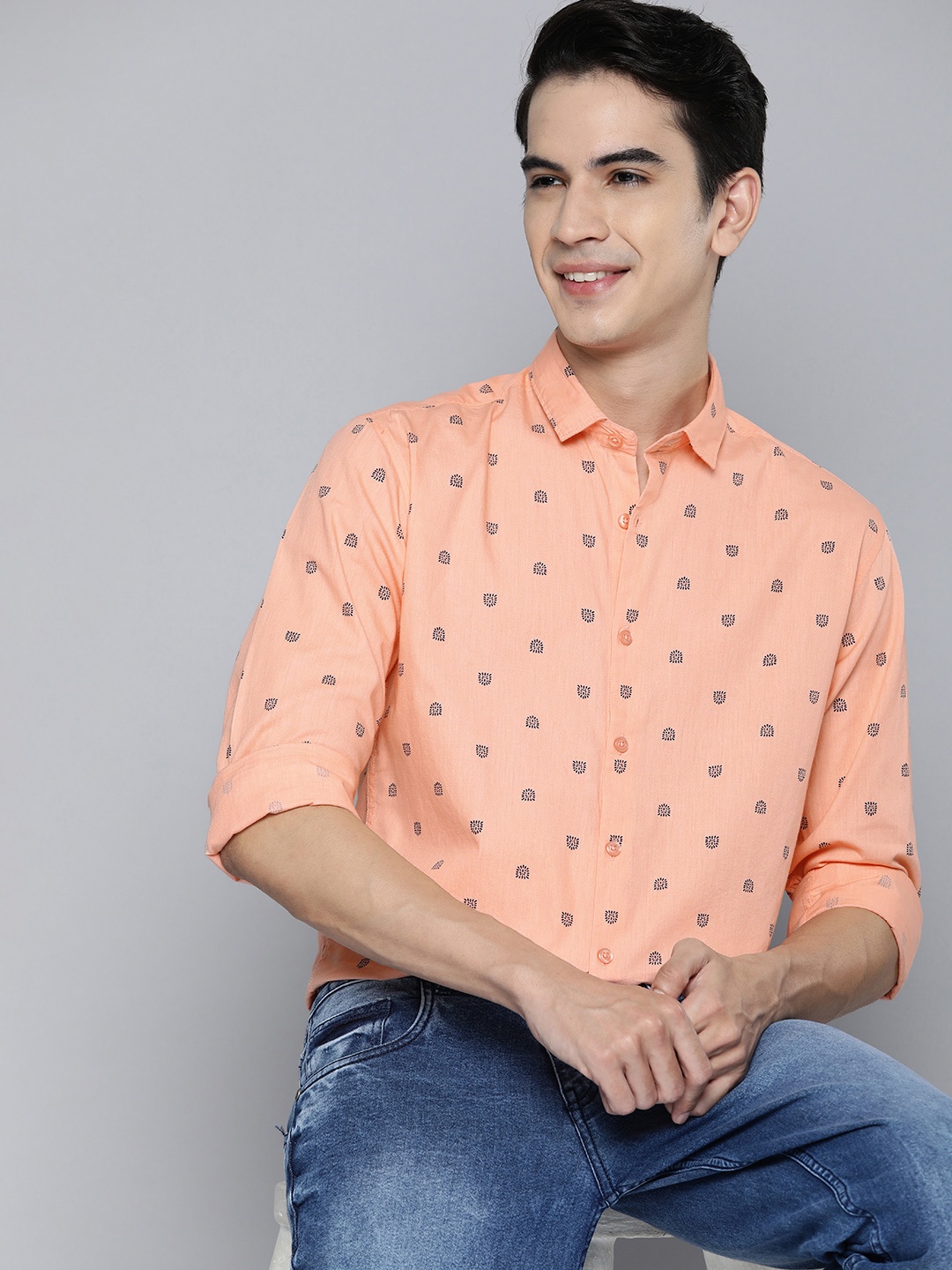 

Mast & Harbour Men Coral Orange Ethnic Motifs Opaque Printed Pure Cotton Casual Shirt