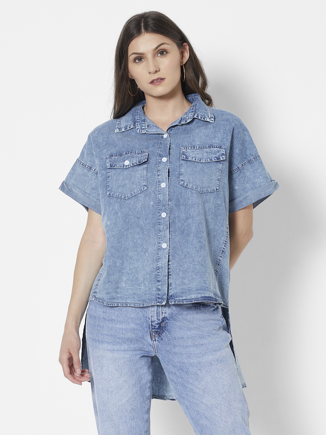 

URBANIC Women Blue Indigo Denim Shirt Style Pure Cotton High-Low Top