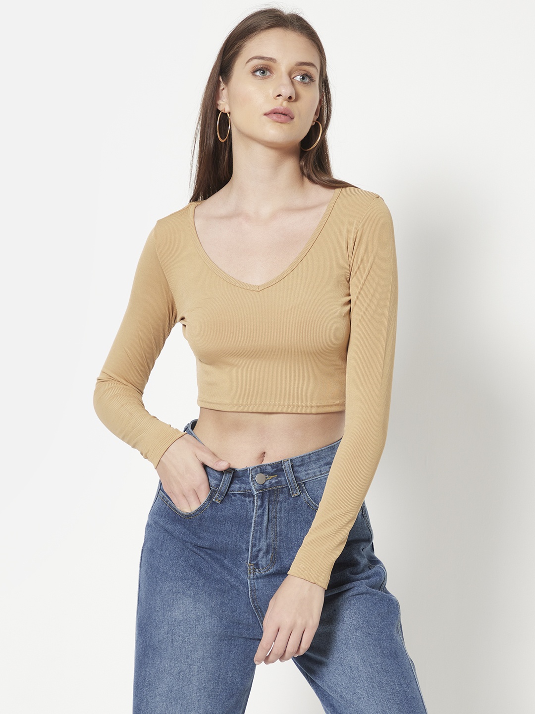 

URBANIC Women Beige V-Neck T-shirt