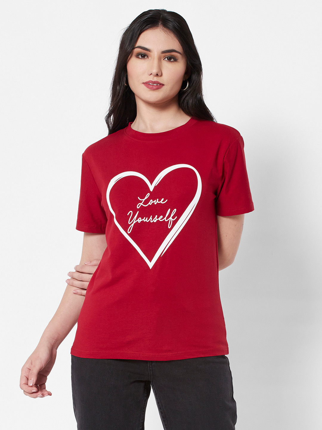 

URBANIC Women Red Printed Pure Cotton T-shirt