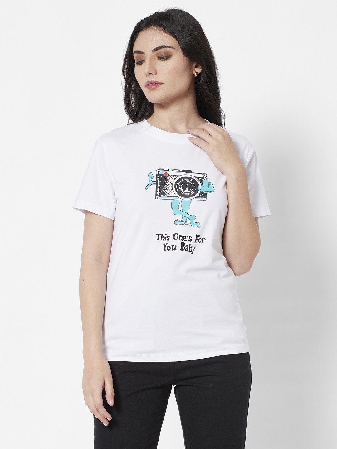 

URBANIC Women White Printed Pure Cotton T-shirt