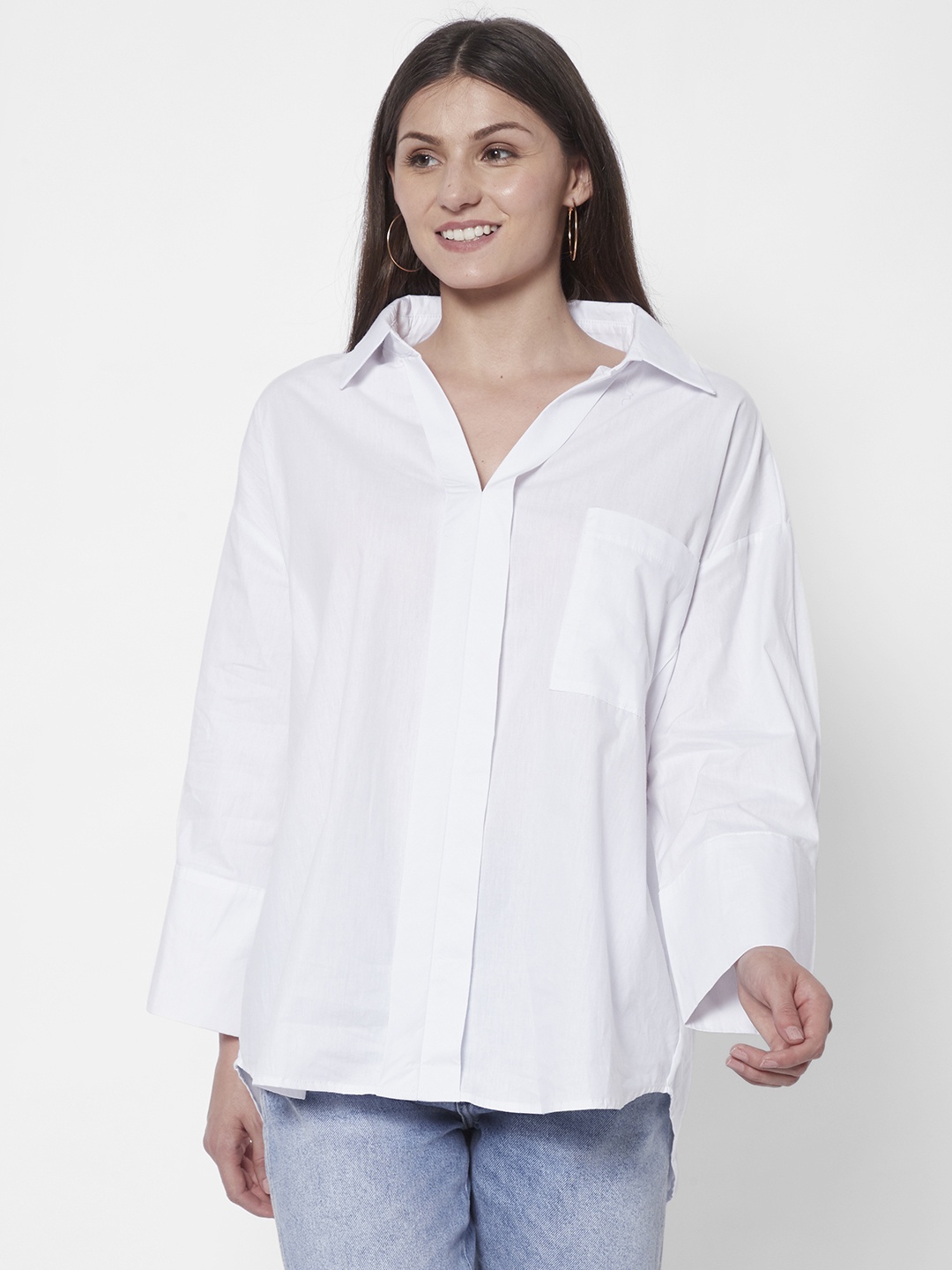 

URBANIC Women White Solid Pure Cotton Shirt Style Top