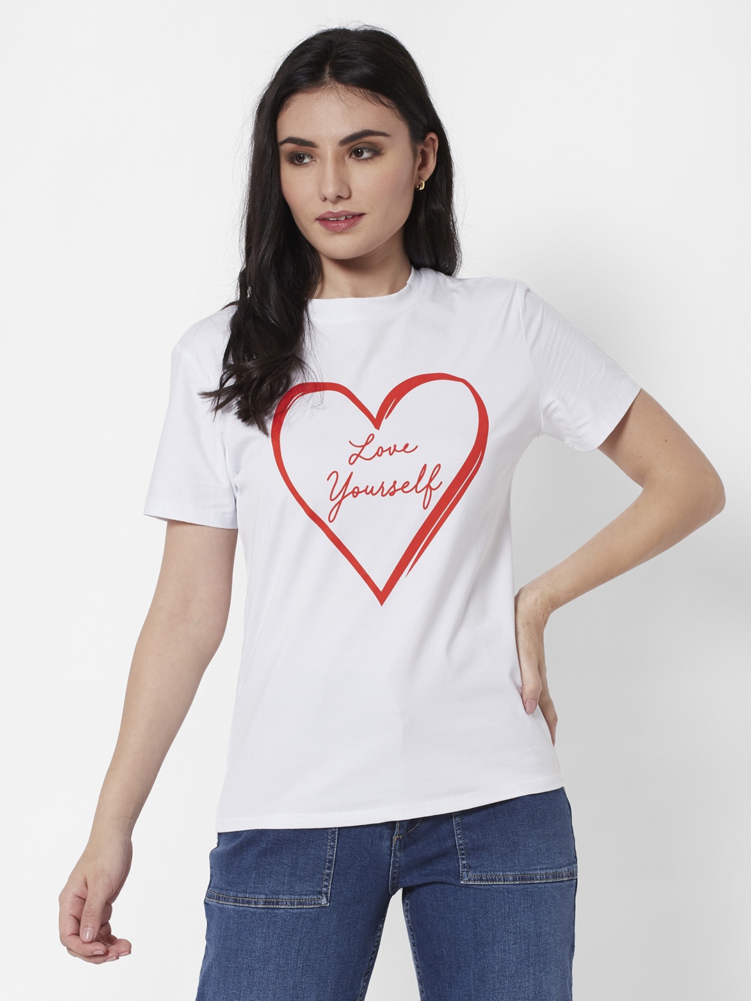 

URBANIC Women White Printed Pure Cotton T-shirt