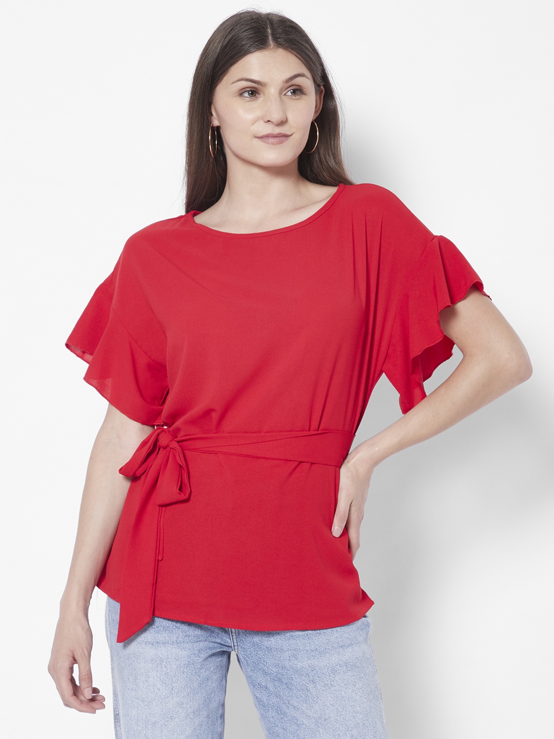 

URBANIC Women Red Solid A-Line Top with Belt