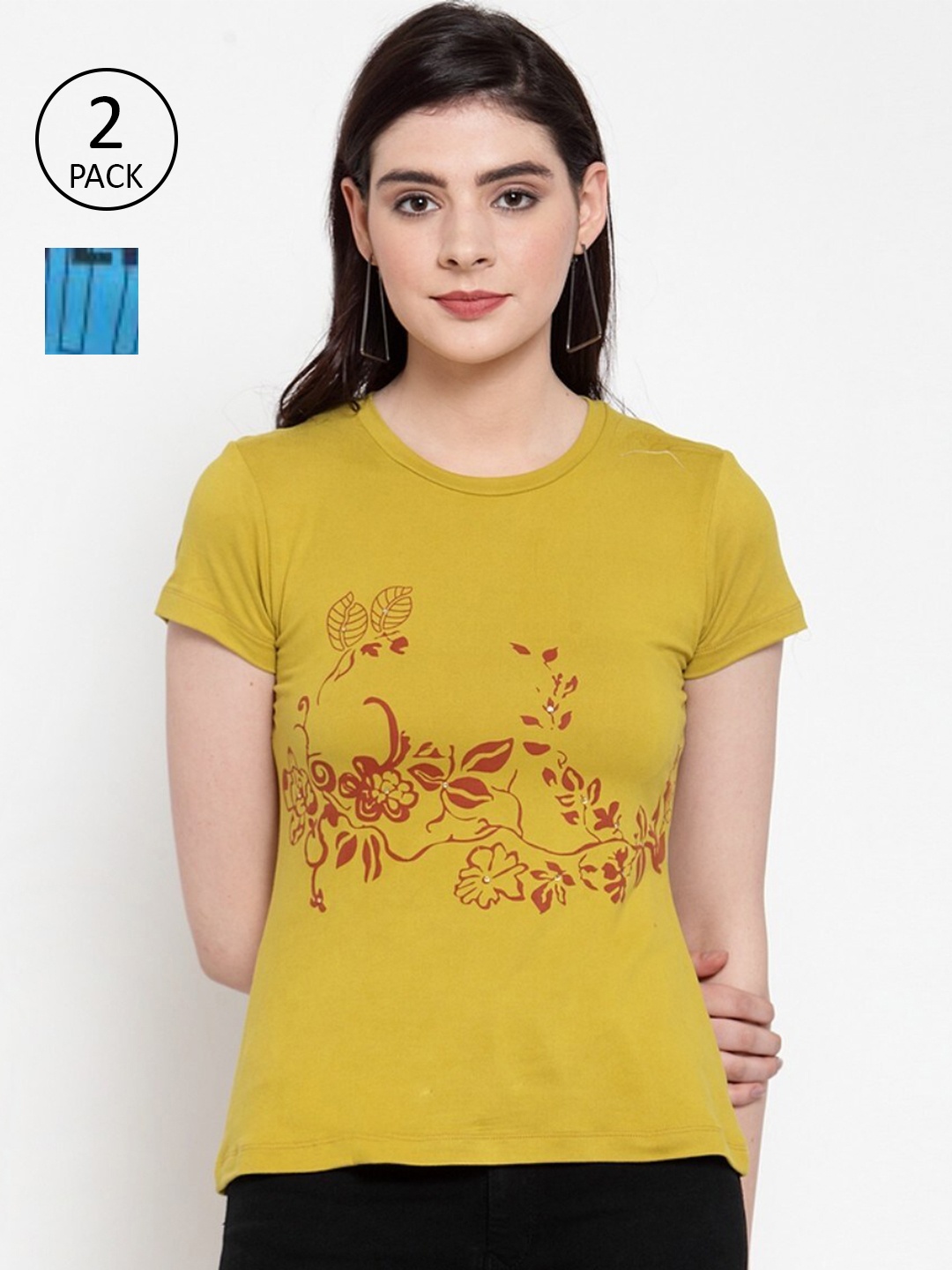 

armure Pack of 2 Yellow & Blue Floral Print Top