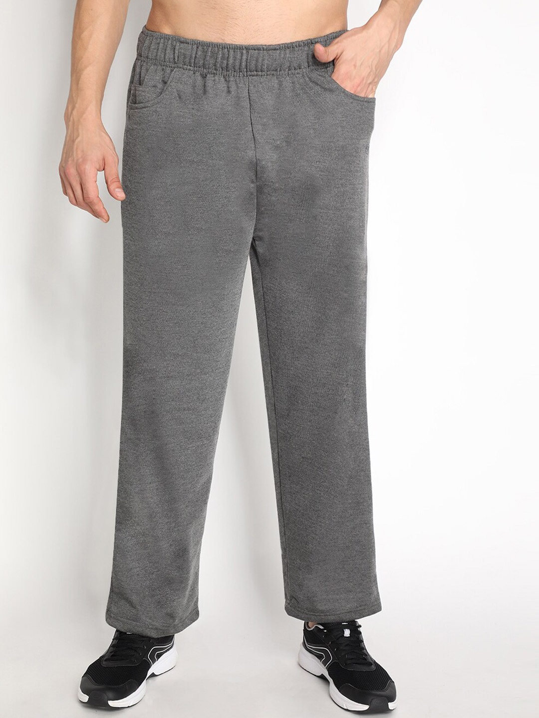 

CHKOKKO Men Grey Melange Solid Bootcut-Fit Track Pants