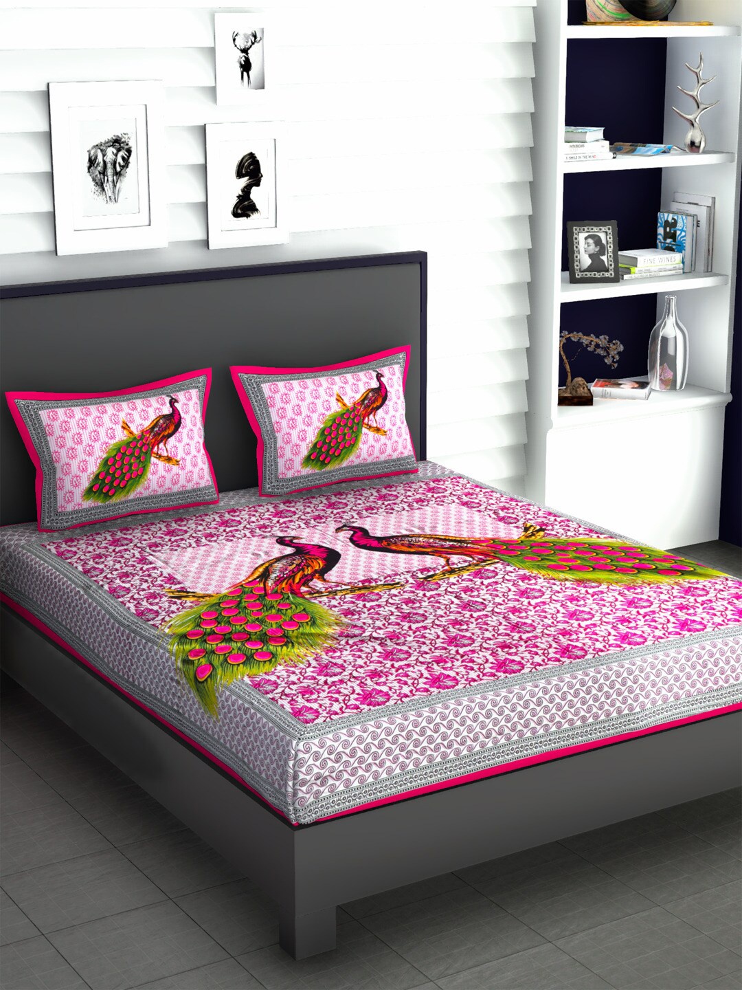 

Aura White & Pink Ethnic Motifs 120 TC Queen Bedsheet with 2 Pillow Covers