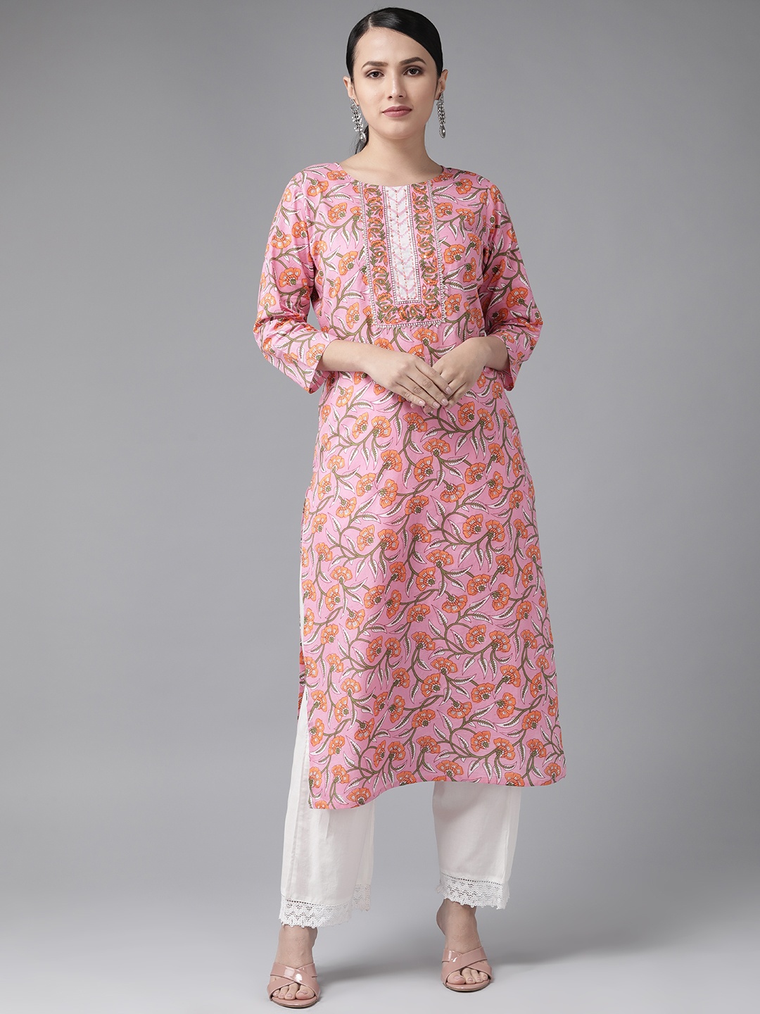 

Yufta Women Pink Floral Printed Straight Kurta