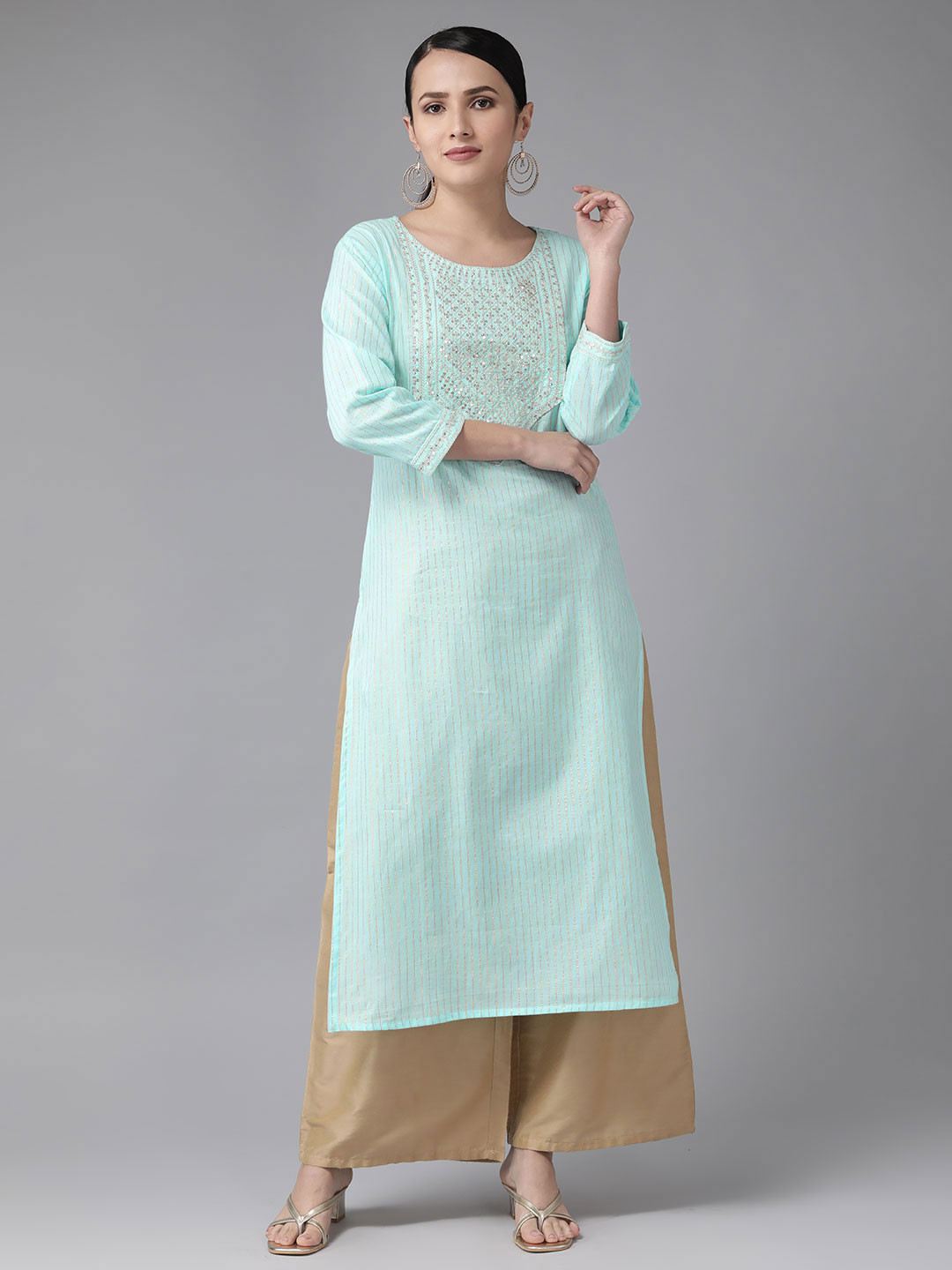 

Yufta Women Turquoise Blue Yoke Design Mirror Work Kurta