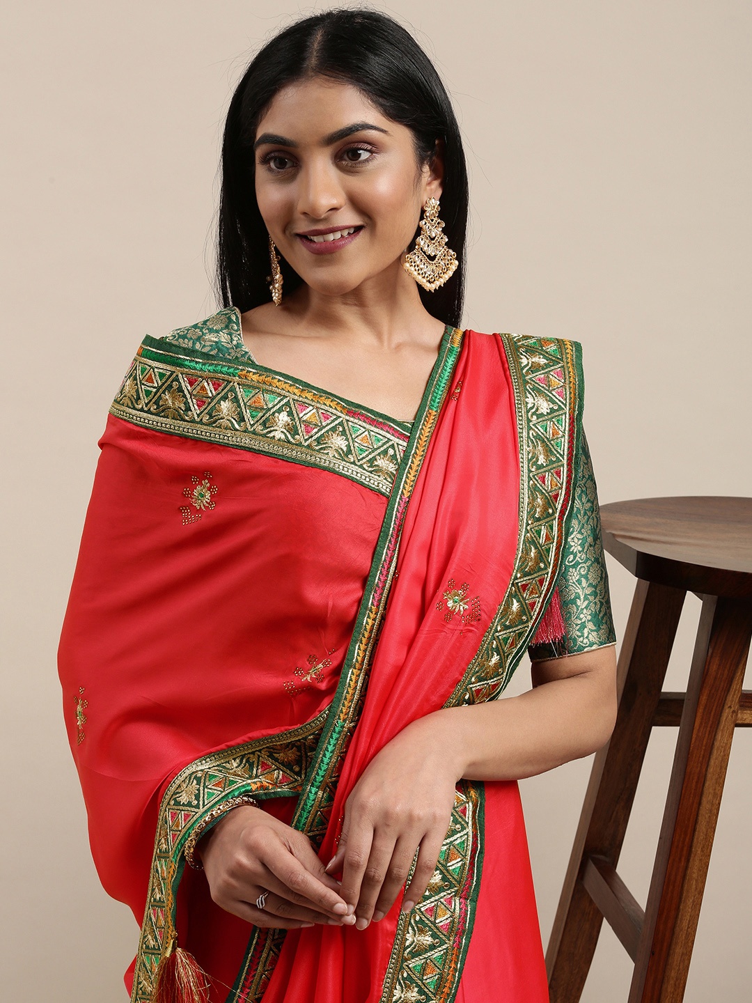 

NAKKASHI Coral Pink Embroidered Art Silk Saree