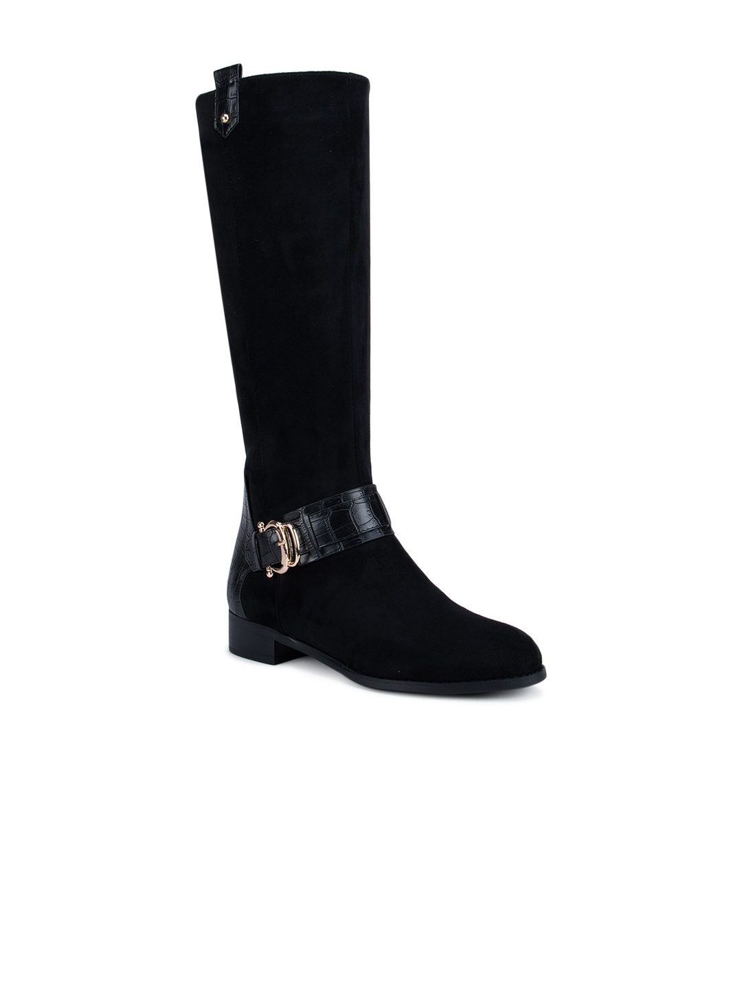 

ROSSO BRUNELLO Black Suede High-Top Block Heeled Boots with Buckles
