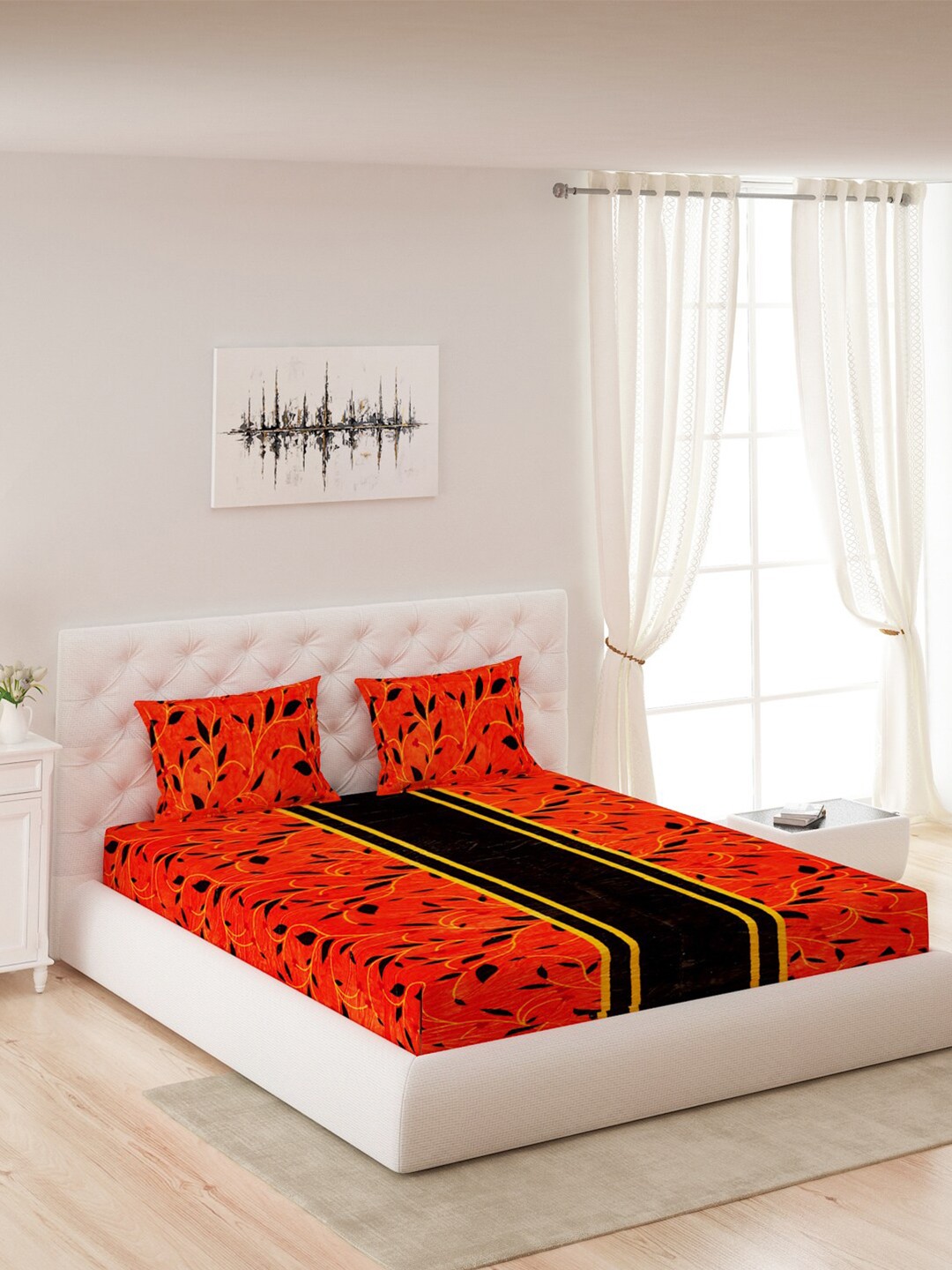 

Monte Carlo Orange Floral Printed 280 GSM Cotton Queen Bedsheet With 2 Pillow Covers