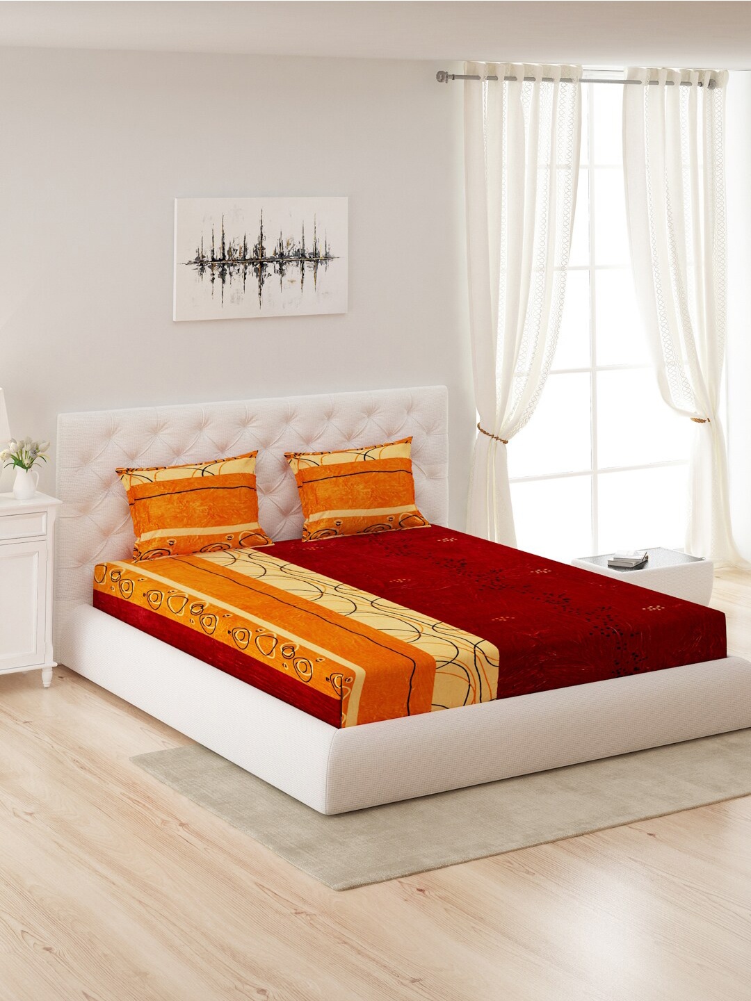 

Monte Carlo Maroon & Cream-Coloured Queen Bedsheet with 2 Pillow Covers