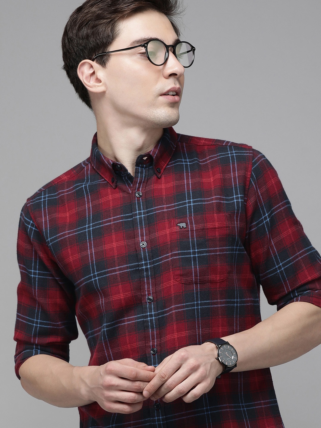 

THE BEAR HOUSE Men Maroon Slim Fit Checked Pure Cotton Casual Flannel Shirt