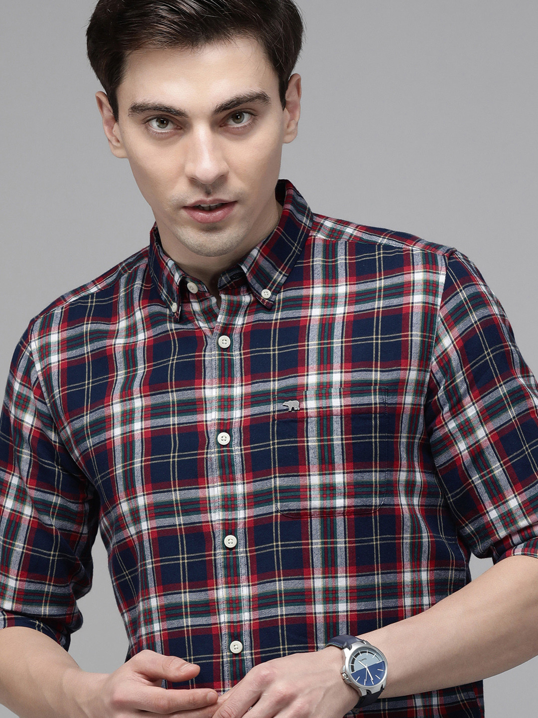 

THE BEAR HOUSE Men Blue & Red Slim Fit Checked Slim Fit Flannel Shirt