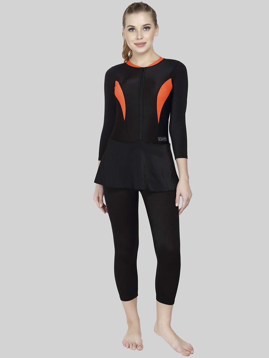 

ROVARS Women Black & Orange Solid Padded Swimming Dress