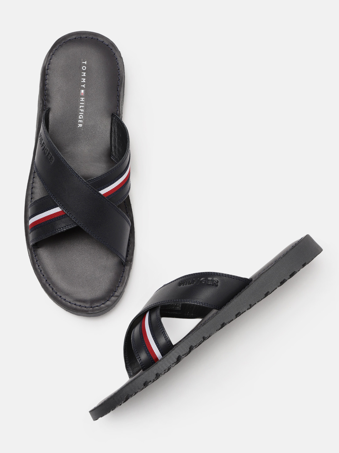 

Tommy Hilfiger Men Navy Blue & Black Leather Criss Cross Comfort Sandals