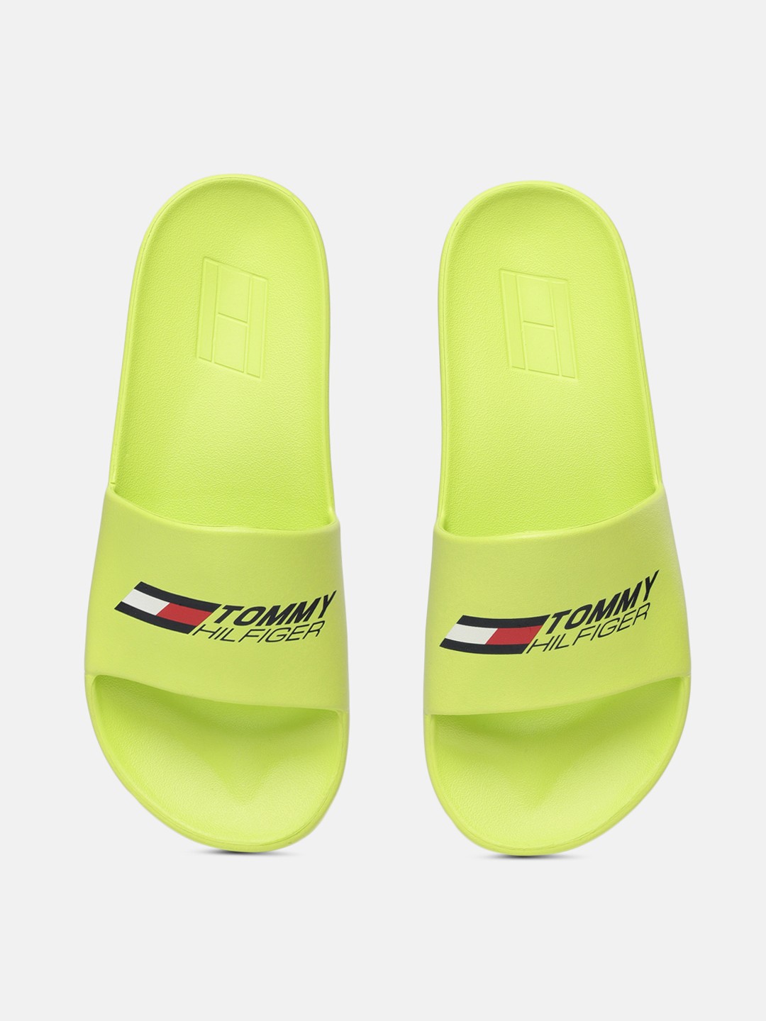 

Tommy Hilfiger Men Lime Green Brand Logo Print & Embossed Croslite Pool Sliders
