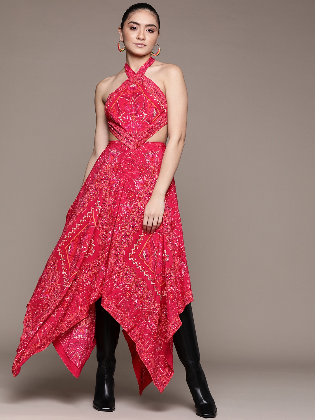

Label Ritu Kumar Fuchsia Pink & White Ethnic Print TieUp Asymmetric Maxi Fit & Flare Dress
