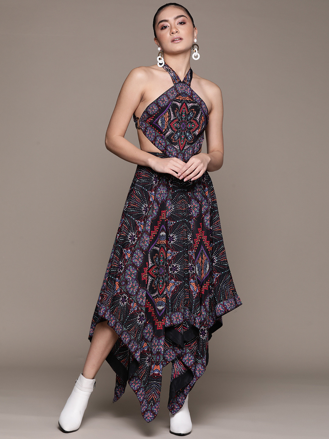 

Label Ritu Kumar Black & Blue Ethnic Print Tie-Up Asymmetric Maxi Fit & Flare Dress