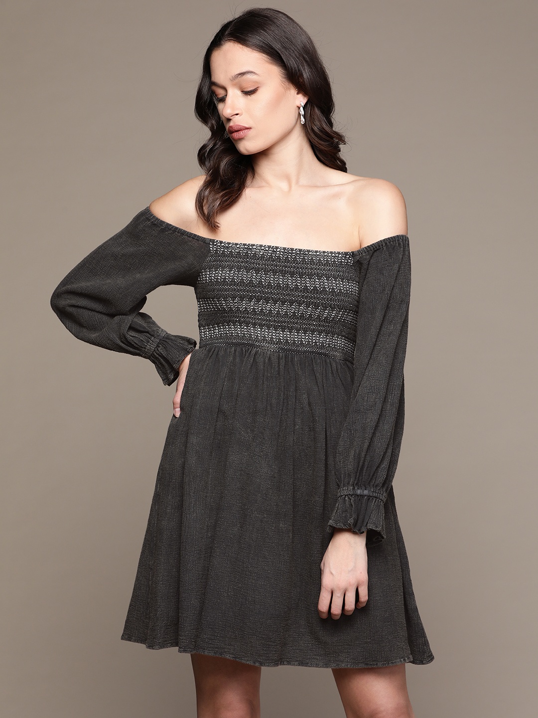 

Label Ritu Kumar Charcoal Grey Smocked Off-Shoulder Dress