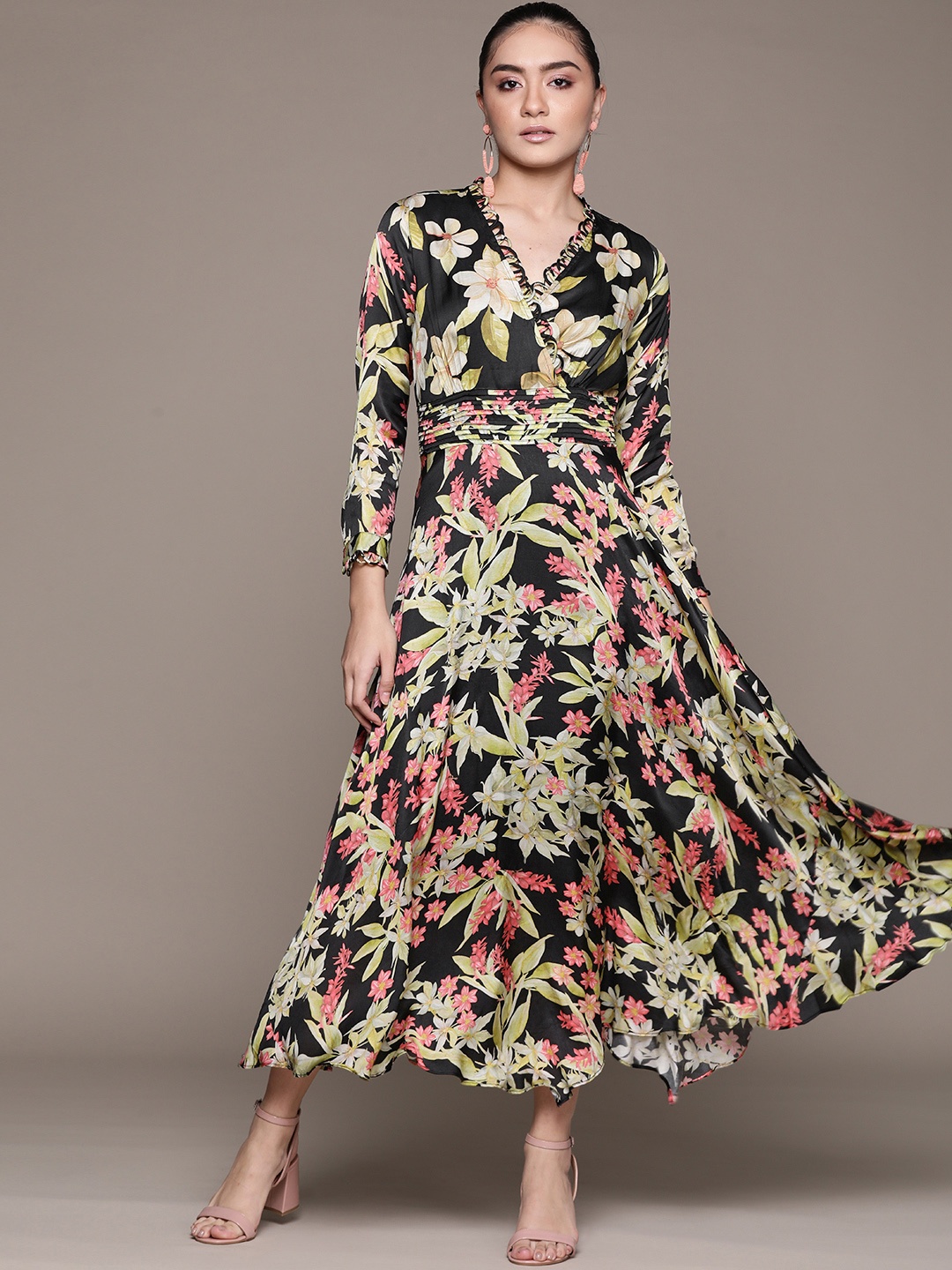 

Label Ritu Kumar Black & Green Floral Print Pleated Satin Midi Wrap Dress