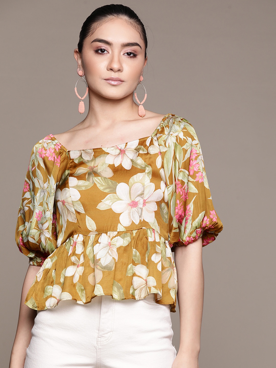 

Label Ritu Kumar Olive Green & Beige Floral Print Satin A-Line Top