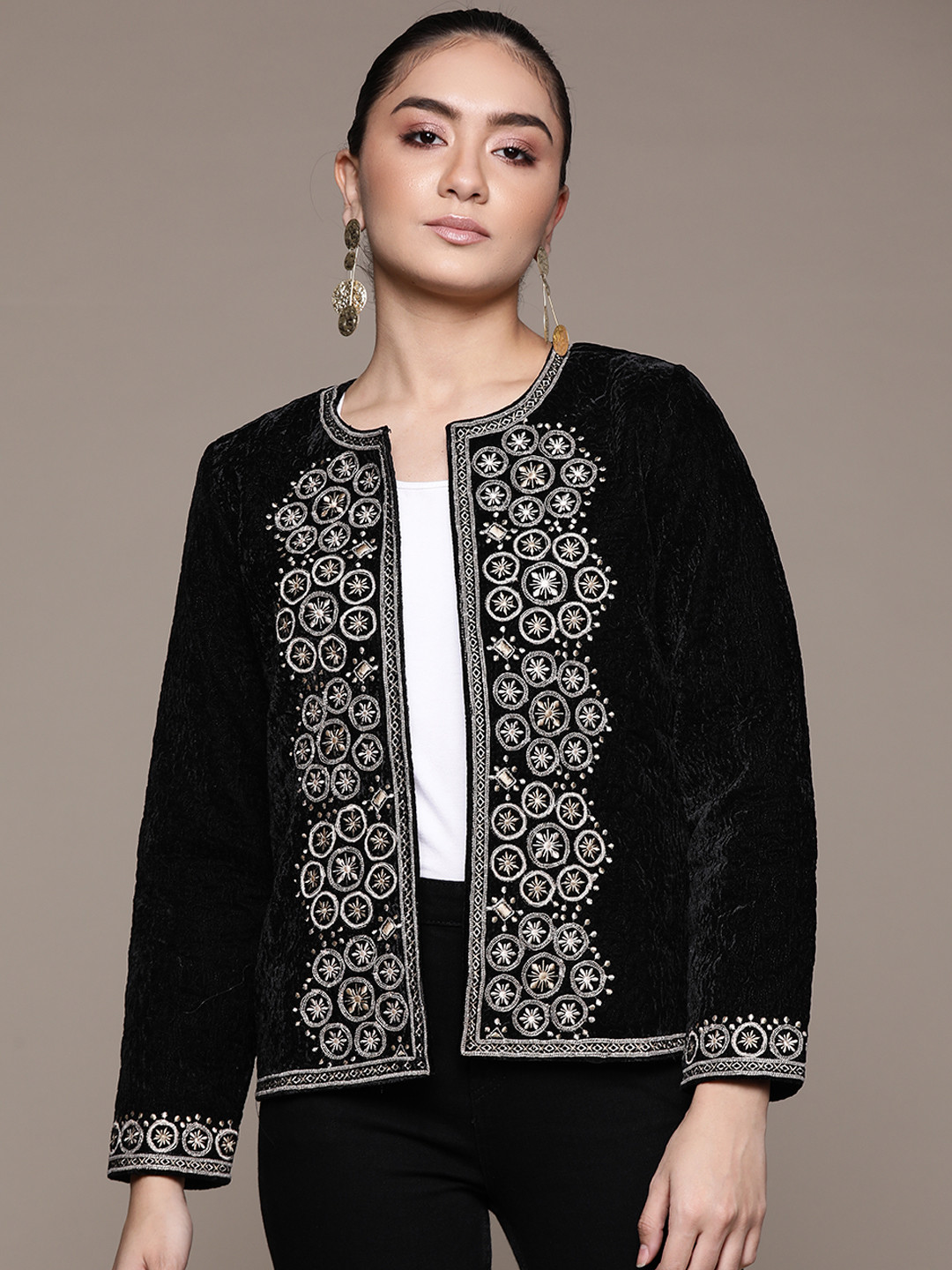 

Label Ritu Kumar Black & Gold Crinkled Velvet Finish Ethnic Embroidered Open Front Jacket