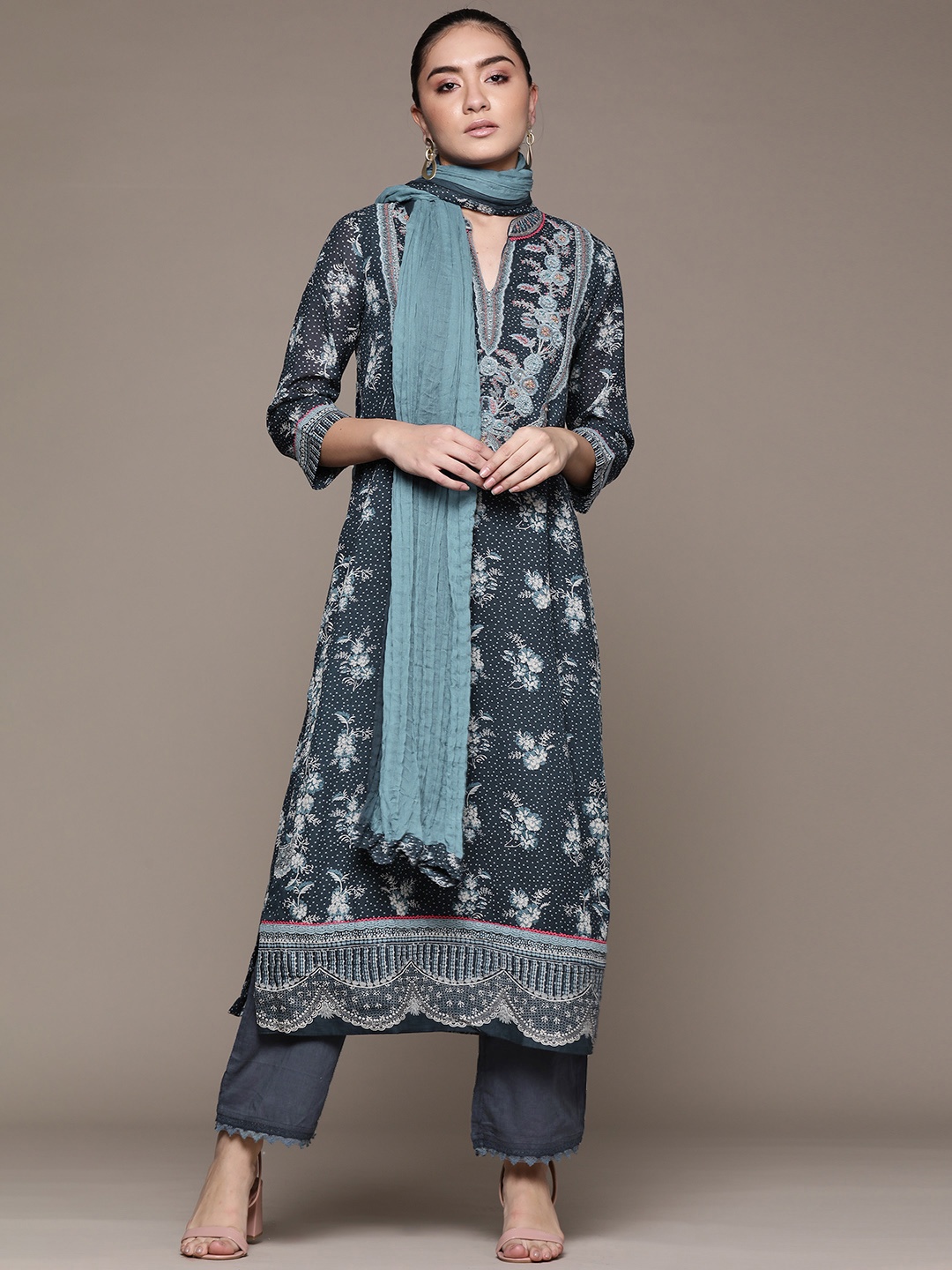 

Ritu Kumar Teal Blue & Silver Ethnic Printed Thread Work Kurta Palazzos Dupatta