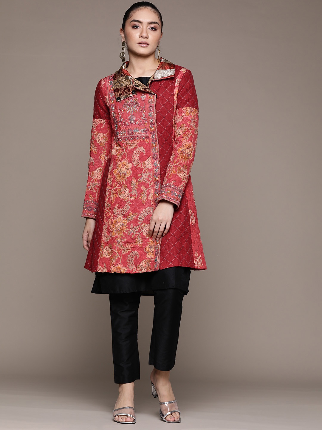 

Ritu Kumar Women Red Beige Floral Longline Quilted Jacket