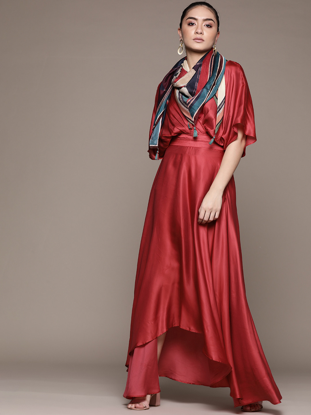 

Ritu Kumar Red Solid Satin High-Low Cut-Out & Tie-Ups Maxi Wrap Dress Scarf & Bandeau