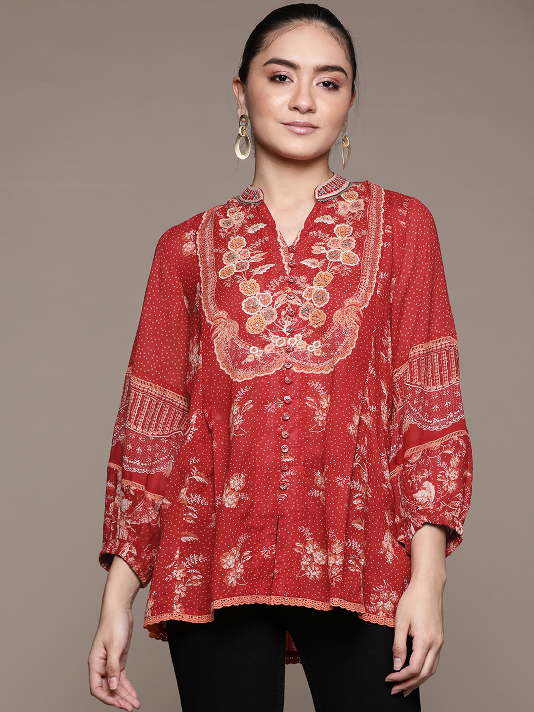 

Ritu Kumar Red & Beige Ethnic Printed Thread Work Thread Work Lace Inserts A-Line Kurti