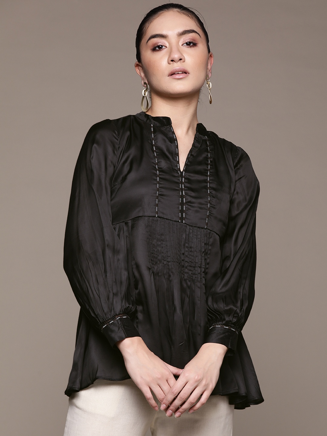 

Ritu Kumar Black Solid Thread Work Pleated Satin Lace Inserts A-Line Kurti