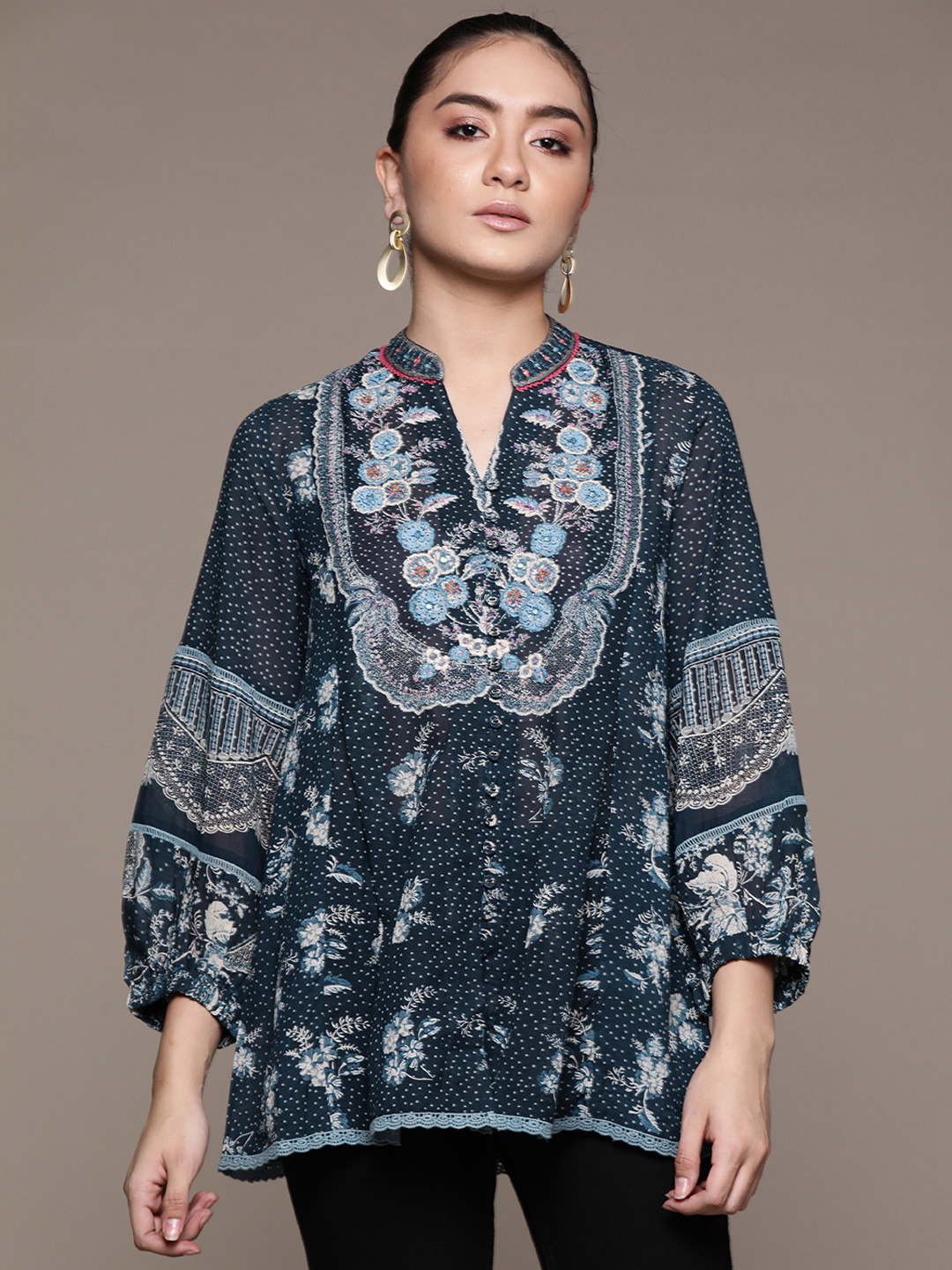 

Ritu Kumar Blue & Grey Ethnic Motifs Printed Mirror Work Mirror Work Kurti