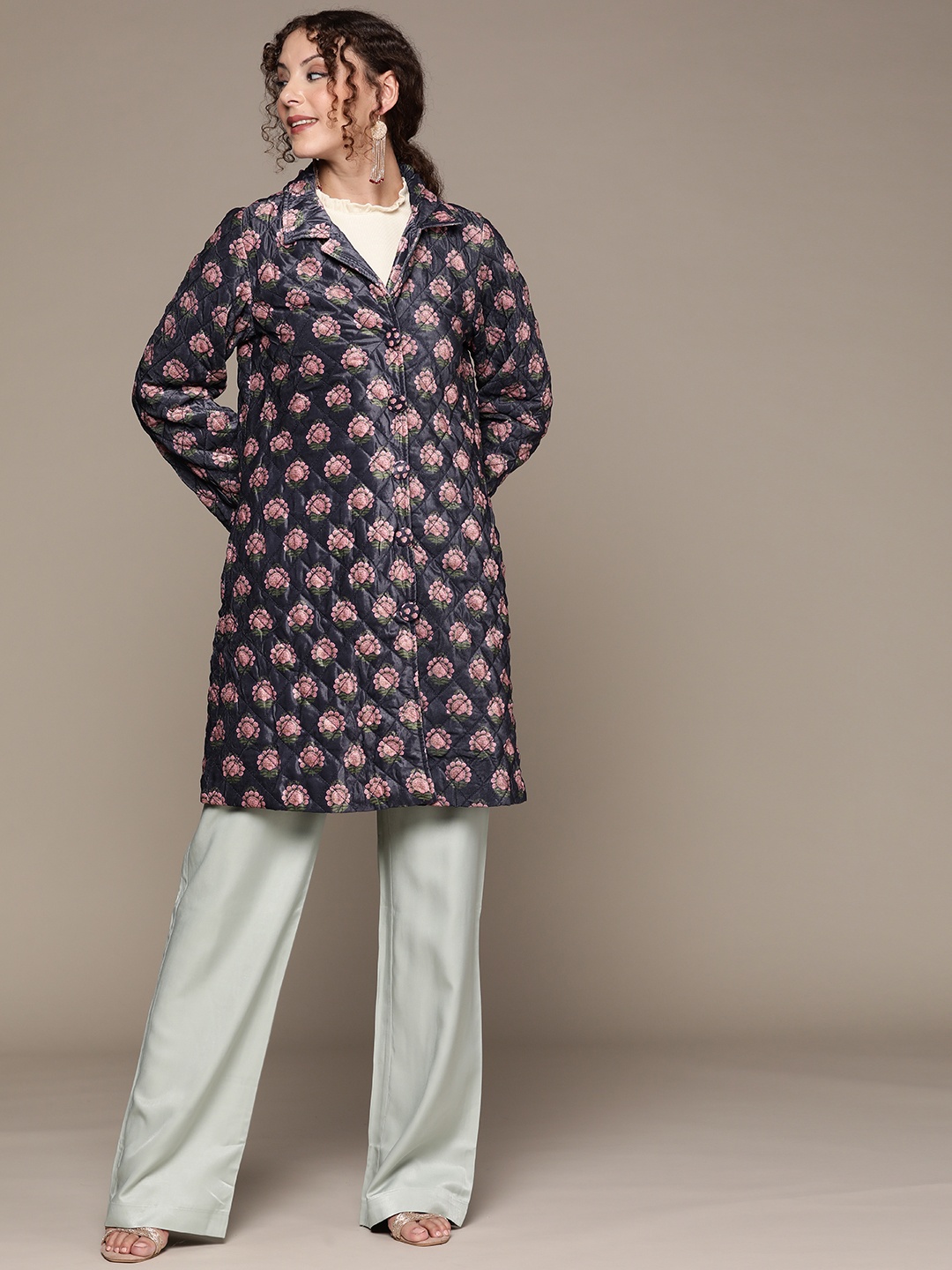 

Ritu Kumar Women Purple Floral Longline Quilted Jacket